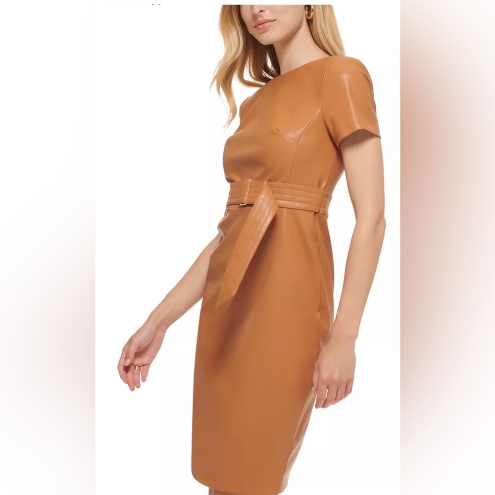 Calvin Klein short sleeve faux leather belted sheath dress in luggage brown 2